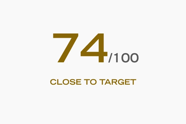 Illustrative report plate: an Acoustic Score of 74 out of 100, marked Close to target