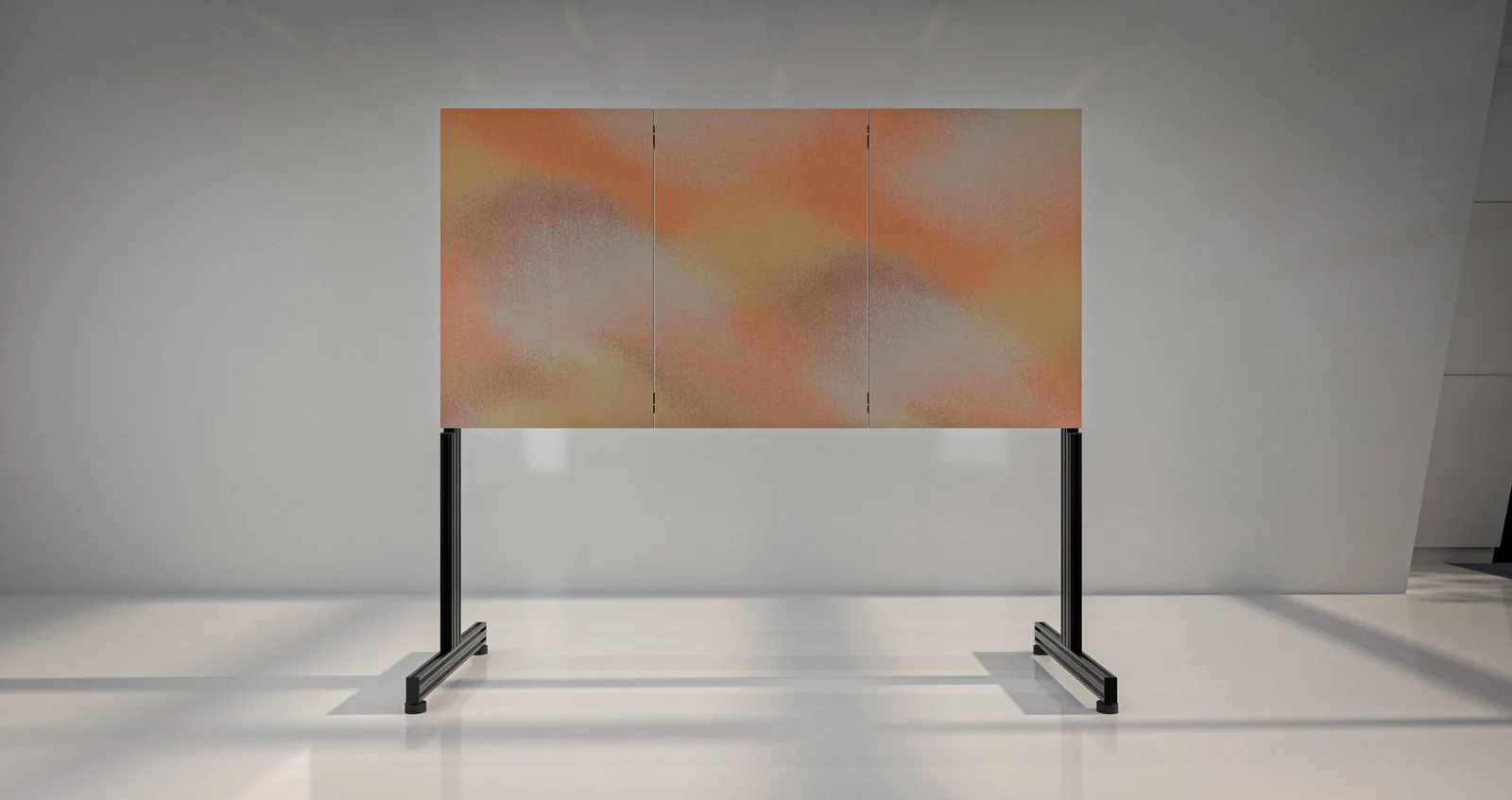 Three Air panels carrying a continuous orange and pale blue textile pattern