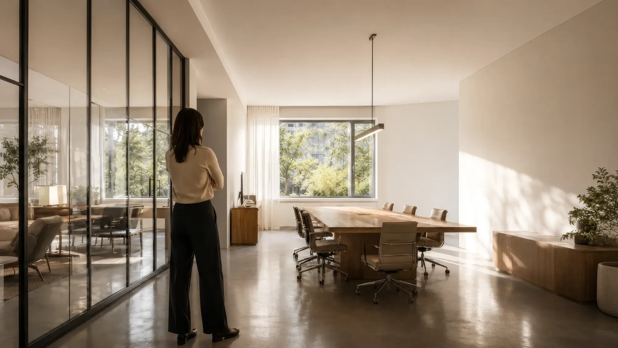 A meeting room with glass partitions, a concrete floor and bare walls: hard surfaces that make sound linger