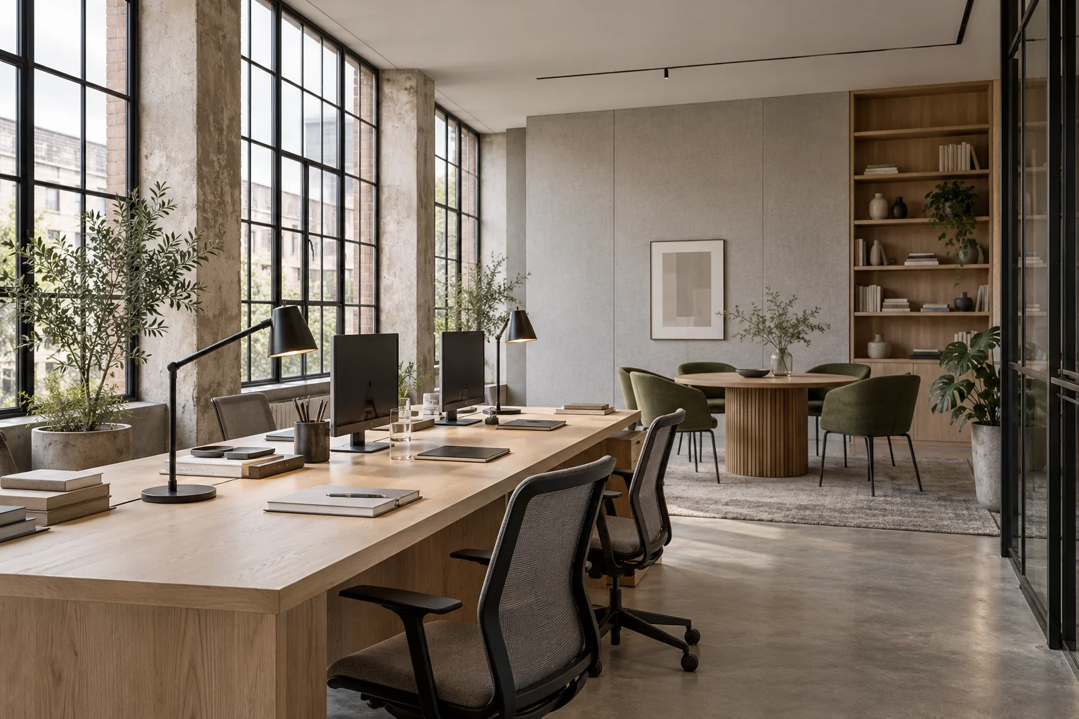 Daylit office with oak workstations, concrete columns and an upholstered meeting area
