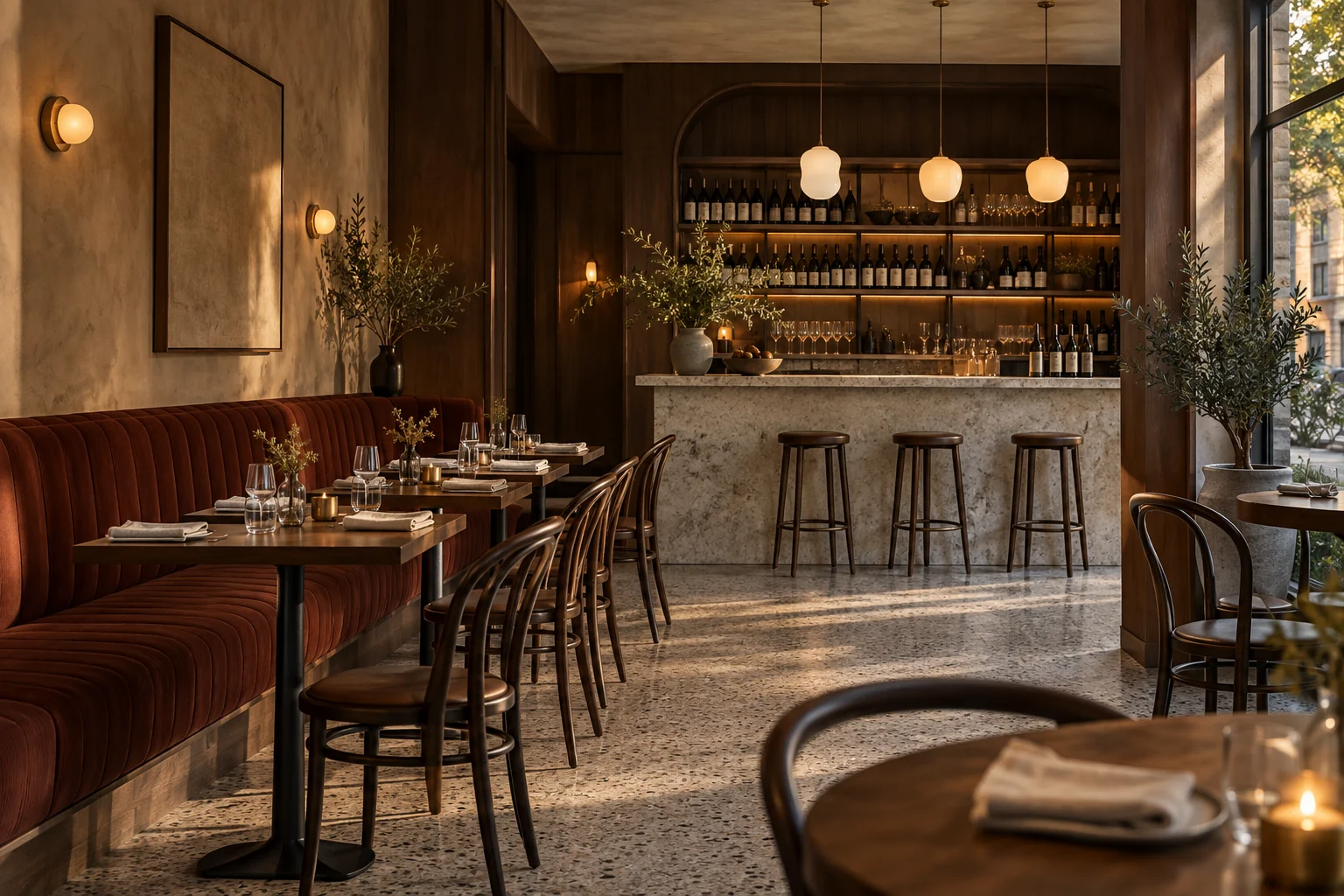 Restaurant interior with rust-coloured banquette seating, walnut tables and a stone bar