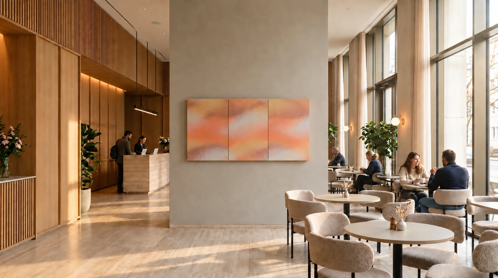 Daylit hotel lobby with three peach-toned acoustic panels, reception desk and lounge seating