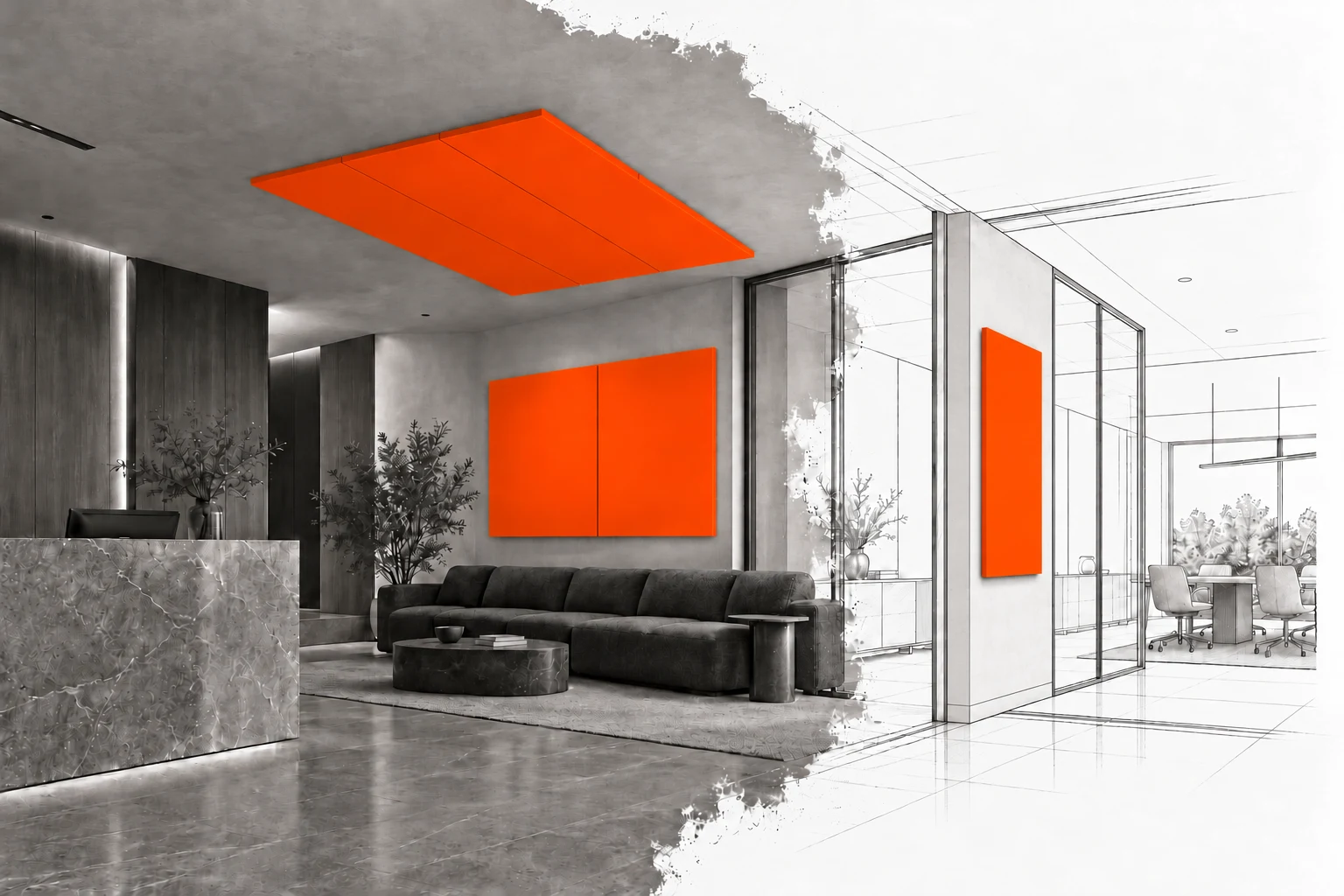 Black-and-white hotel lobby becoming architectural linework, with orange wall panels and panels fitted directly against the ceiling